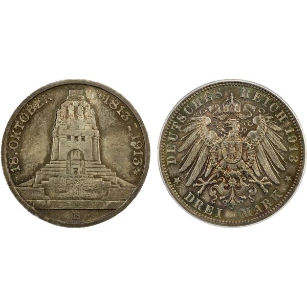 SAXONY: Friedrich August III, 1904-1918, AR 3 mark, Muldenhutten, 1913-E, PCGS MS66