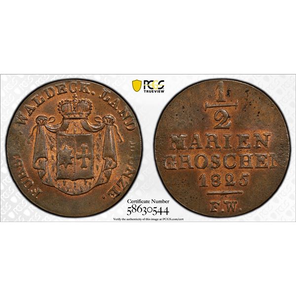 WALDECK-PYRMONT: Georg Friedrich Heinrich, 1813-1845, AE 1/2 groschen, Arolsen, 1825, PCGS MS63 BN