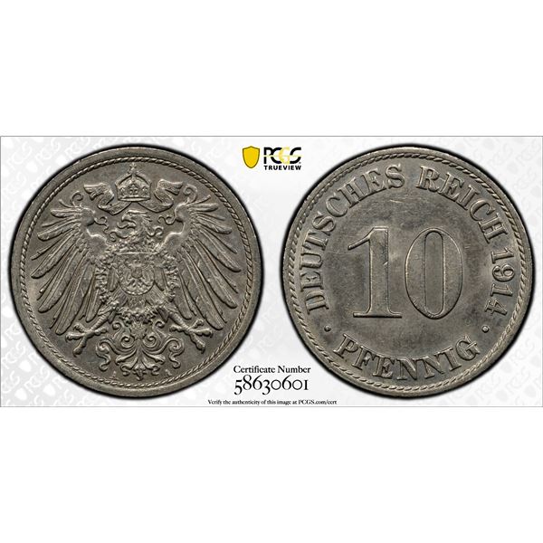 GERMANY: Kaiserreich, 10 pfennig, 1914-A, PCGS MS64