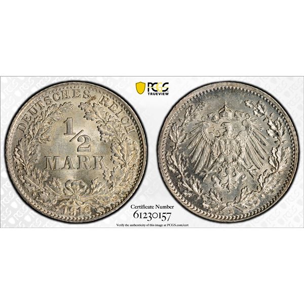 GERMANY: Kaiserreich, AE 1/2 mark, 1916-D, PCGS MS66