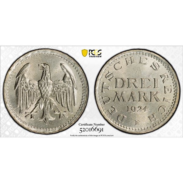 GERMANY: Weimar Republic, AR 3 mark, 1924-E, PCGS MS65