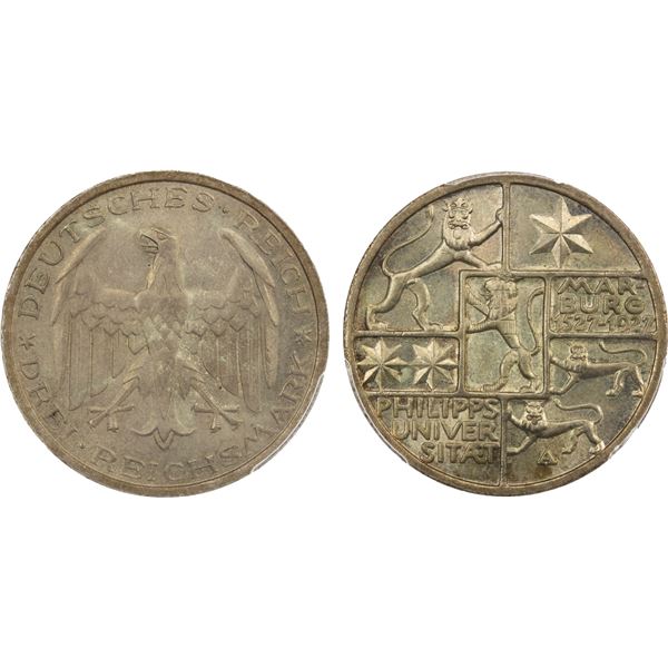 GERMANY: Weimar Republic, AR 3 reichsmark, Berlin, 1927-A, PCGS MS66