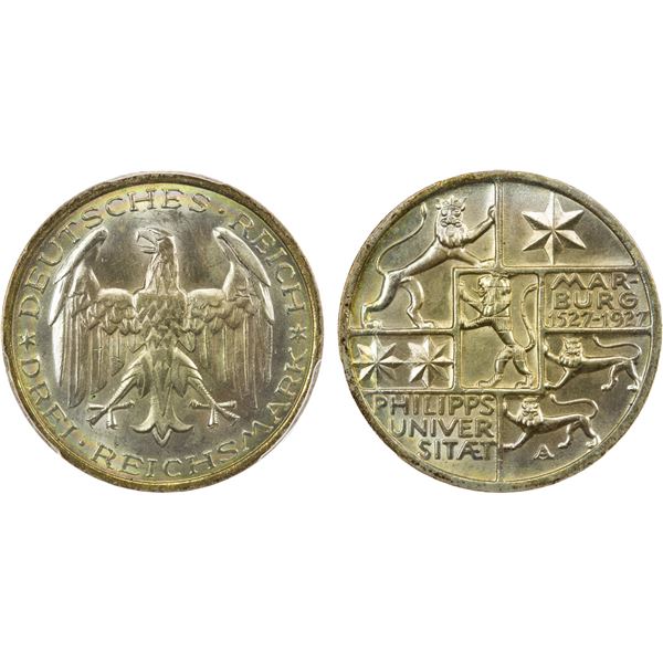 GERMANY: Weimar Republic, AR 3 reichsmark, Berlin, 1927-A, PCGS MS65