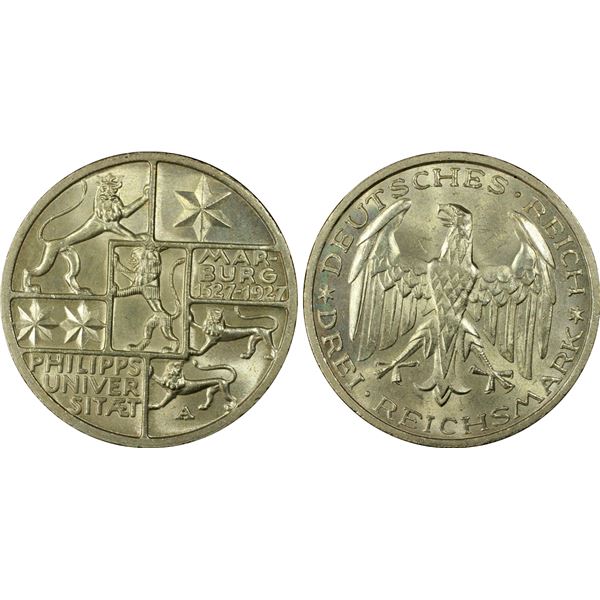 GERMANY: Weimar Republic, AR 3 reichsmark, Berlin, 1927-A, PCGS MS65