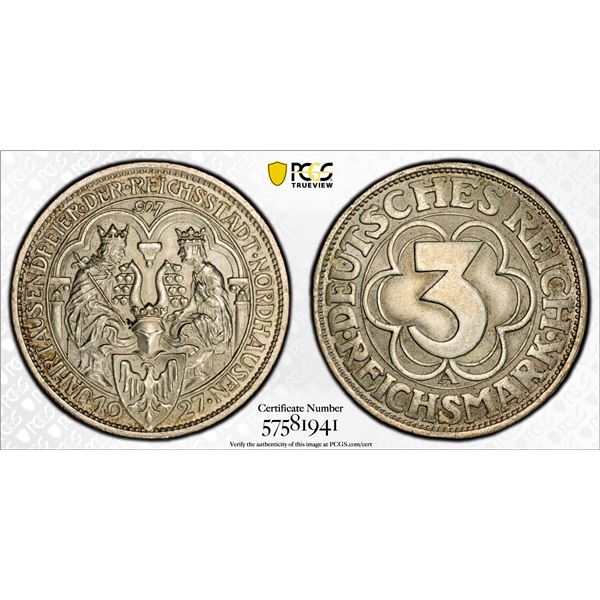 GERMANY: Weimar Republic, AR 3 reichsmark, 1927-A, PCGS MS63