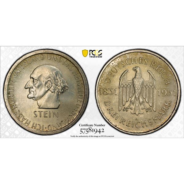GERMANY: Weimar Republic, AR 3 reichsmark, 1931-A, PCGS MS64