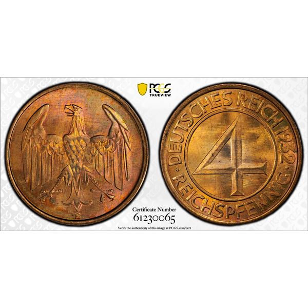GERMANY: Weimar Republic, AE 4 reichspfennig, 1932-E, PCGS MS65 RB