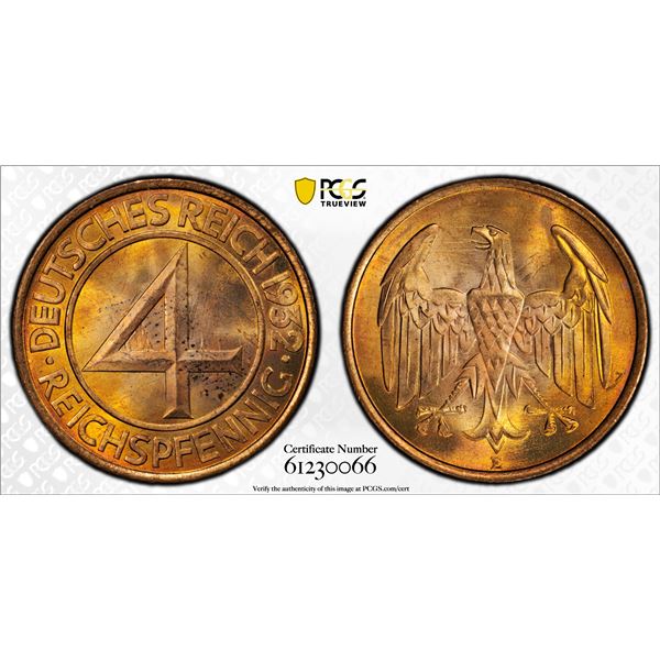GERMANY: Weimar Republic, AE 4 reichspfennig, 1932-E, PCGS MS64 RD