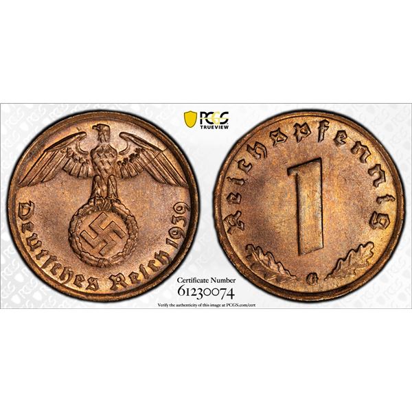 GERMANY: Third Reich, AE reichspfennig, 1939-G, PCGS MS65 RB
