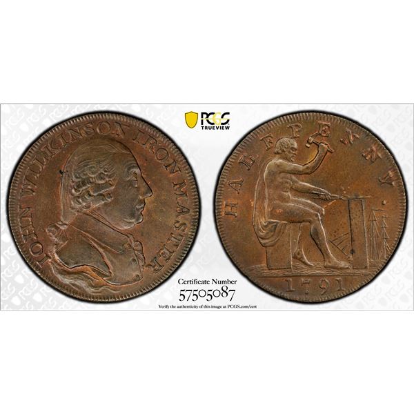 GREAT BRITAIN: AE halfpenny token, 1791, PCGS MS64 BN