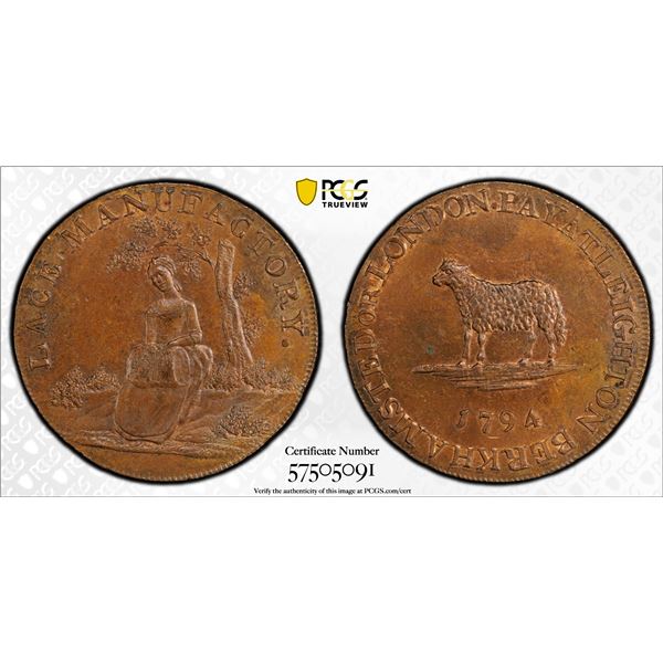 GREAT BRITAIN: AE halfpenny token, 1794, PCGS MS64 BN