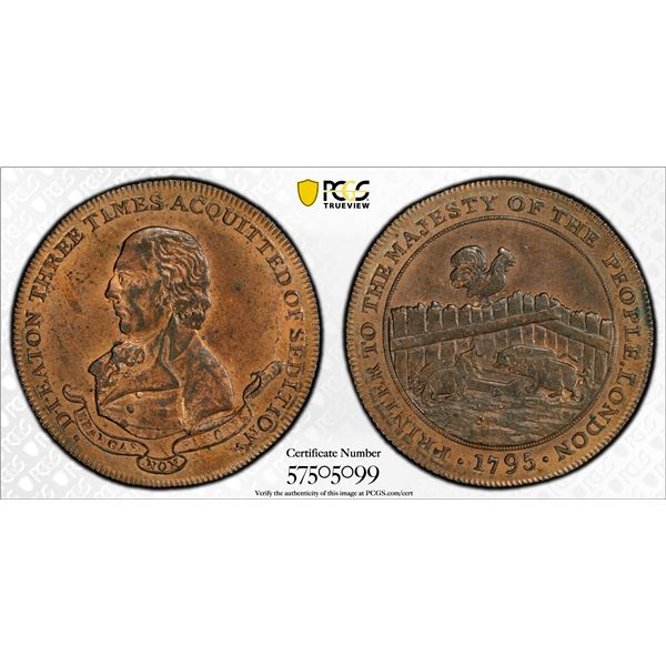 GREAT BRITAIN: AE halfpenny token, 1795, PCGS MS64 RB