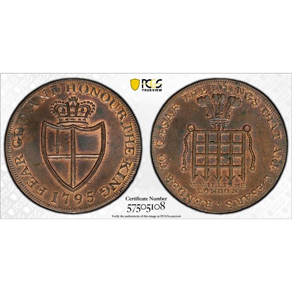 GREAT BRITAIN: AE halfpenny token, 1795, PCGS MS64 BN