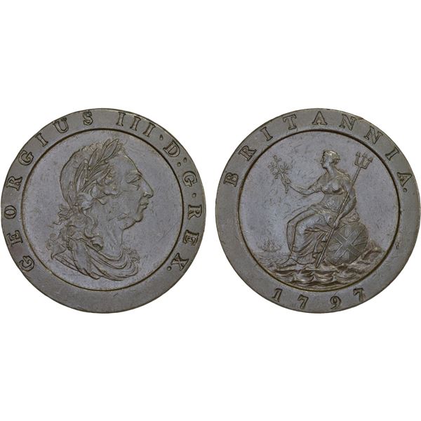 GREAT BRITAIN: George III, 1760-1820, AE 2 pence, 1797, XF
