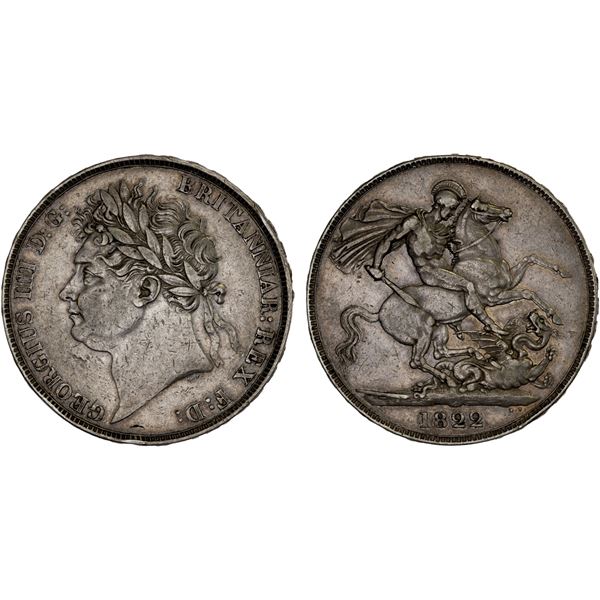 GREAT BRITAIN: George III, 1760-1820, AR crown, 1822, Choice VF