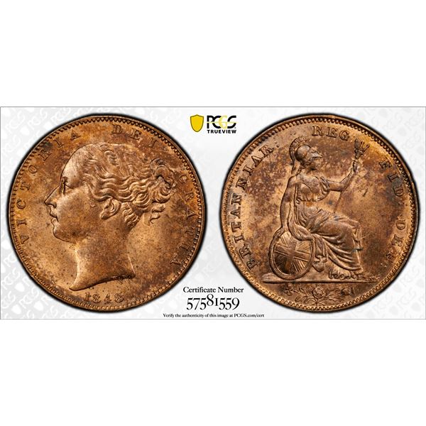 GREAT BRITAIN: Victoria, 1837-1901, AE farthing, 1848, PCGS MS64 RB