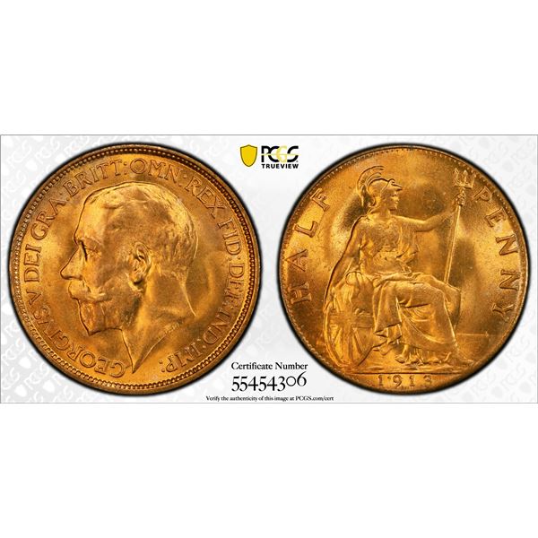 GREAT BRITAIN: George V, 1910-1936, AE halfpenny, 1913, PCGS MS65 RD