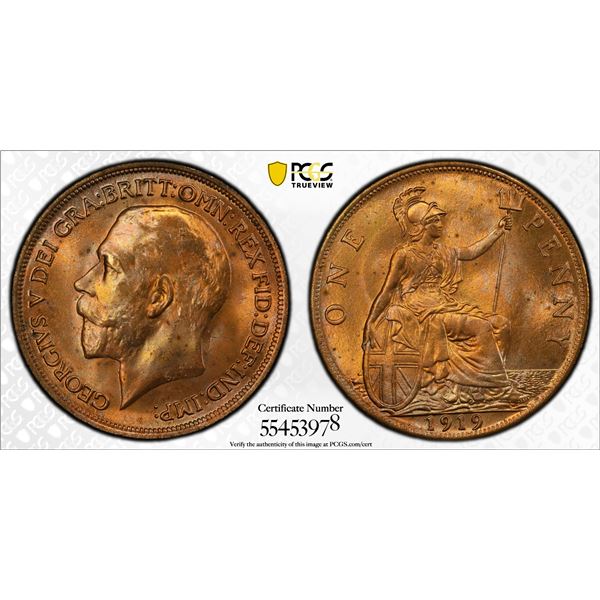 GREAT BRITAIN: George V, 1910-1936, AE penny, 1919, PCGS MS64 RD