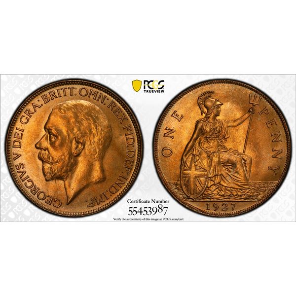 GREAT BRITAIN: George V, 1910-1936, AE penny, 1927, PCGS MS65 RD