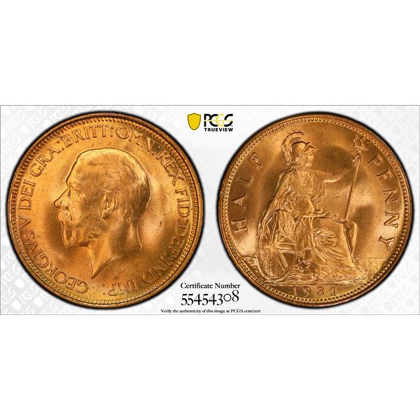 GREAT BRITAIN: George V, 1910-1936, AE halfpenny, 1931, PCGS MS66 RD