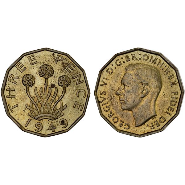 GREAT BRITAIN: George VI, 1936-1952, threepence, 1949, Unc