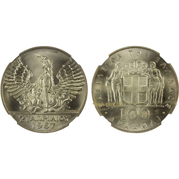 GREECE: Constantine II, 1964-1973, AR 100 drachmai, ND (1970), NGC MS67