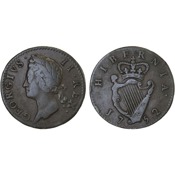 IRELAND: George II, 1727-1760, AE halfpenny, 1752, VF