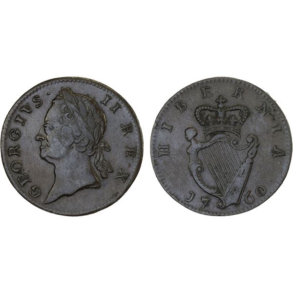IRELAND: George II, 1727-1760, AE halfpenny, 1760, Fine