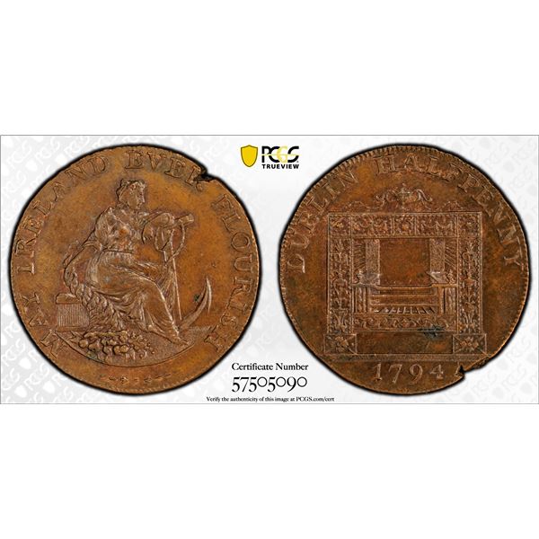 IRELAND: AE halfpenny token, 1794, PCGS MS63 BN