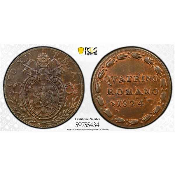 PAPAL STATES: Leo XII, 1823-1829, AE quattrino, Bologna, 1824, PCGS MS64 BN