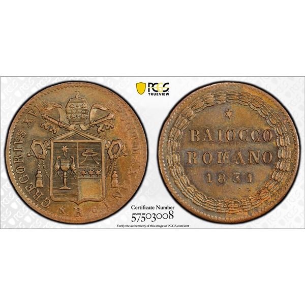 PAPAL STATES: Gregory XVI, 1831-1846, AE baiocco, 1831-R year I, PCGS MS63 BN