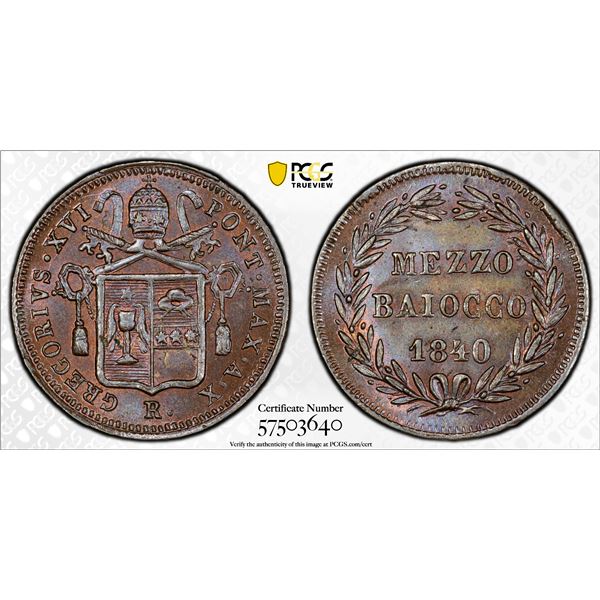 PAPAL STATES: Gregory XVI, 1831-1846, AE 1/2 (mezzo) baiocco, 1840-R year X, PCGS MS64 BN