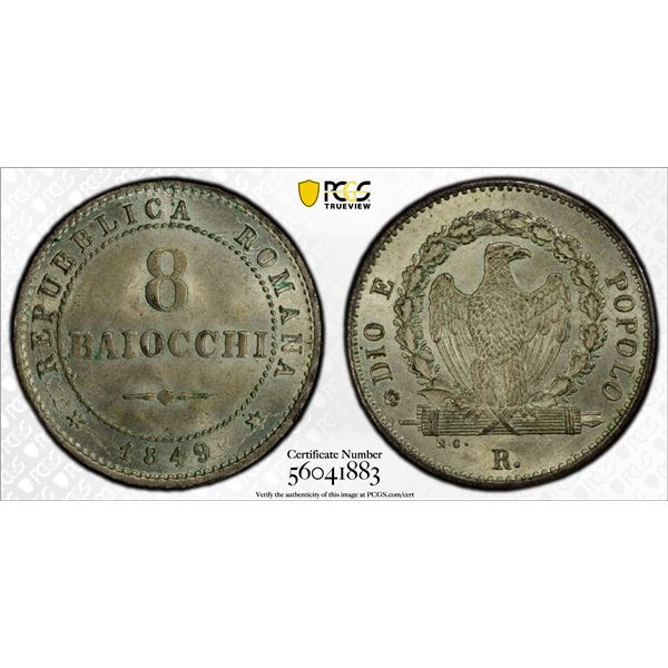 ROMAN REPUBLIC: Second Republic, 1848-1849, AR 8 baiocchi, 1849-R, PCGS MS64