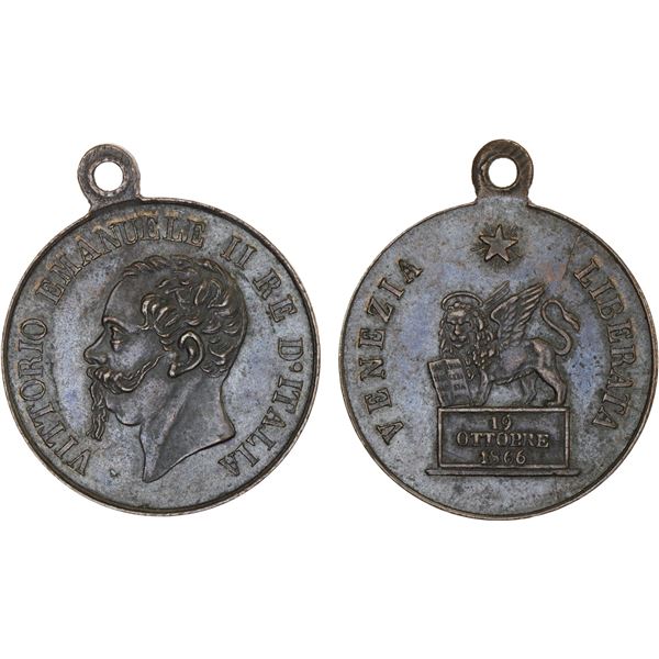 ITALY: Vittorio Emanuele II, 1861-1878, AE medalet (5.66g), 1866, AU