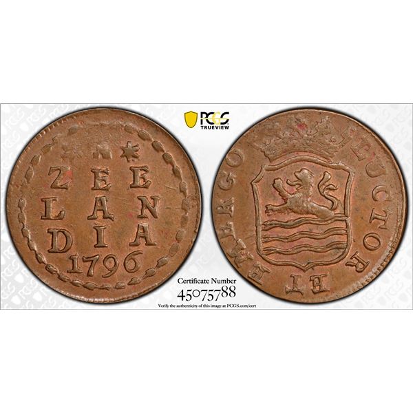 NETHERLANDS: Batavian Republic/Zeeland, AE duit, 1796, PCGS MS62 BN