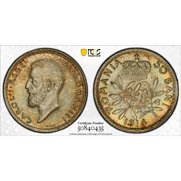 ROMANIA: Carol I, 1881-1914, AR 50 bani, Brussels, 1914, PCGS MS65