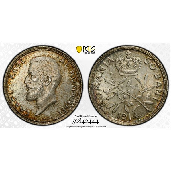 ROMANIA: Carol I, 1881-1914, AR 50 bani, Brussels, 1914, PCGS MS64