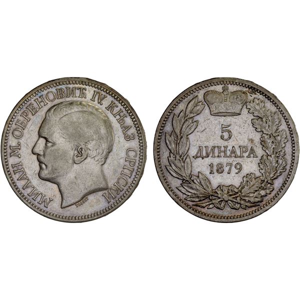 SERBIA: Milan I, as Prince, 1868-1882, AR 5 dinara, 1879, VF-XF