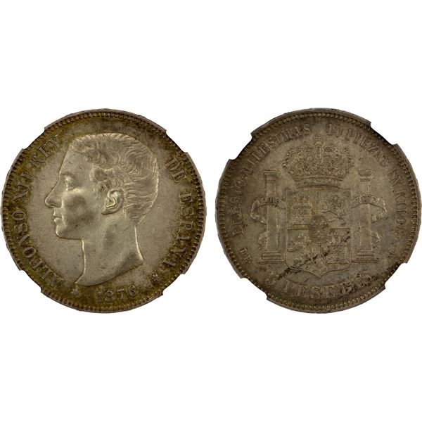 SPAIN: Alfonso XII, 1874-1885, AR 5 pesetas, 1876(76), NGC AU details