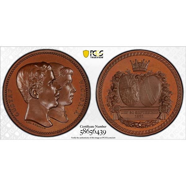 SWEDEN: Oscar II, 1872-1905, AE medal (34.61g), 1881, PCGS Specimen 65