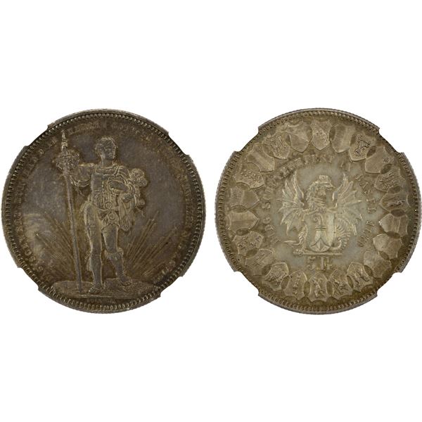 SWITZERLAND: BASEL: AR 5 francs, 1879, NGC Unc details