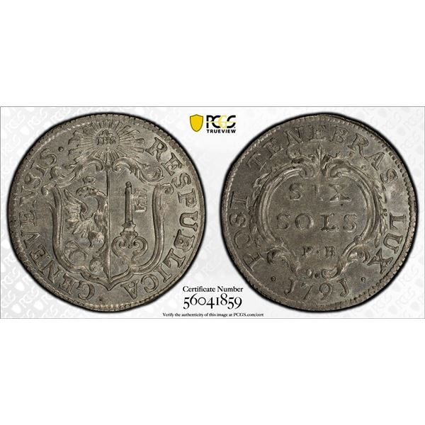 SWITZERLAND: GENEVA: Republic, BI 6 sols, 1791, PCGS MS64