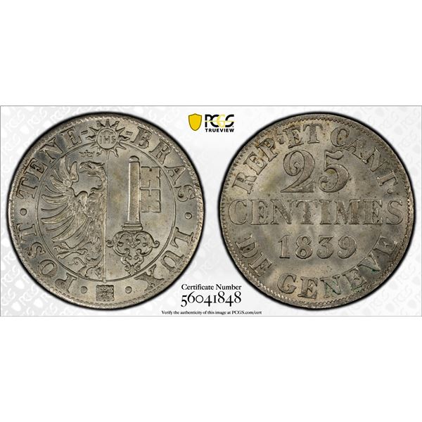SWITZERLAND: GENEVA: Canton, BI 25 centimes, 1839, PCGS MS65