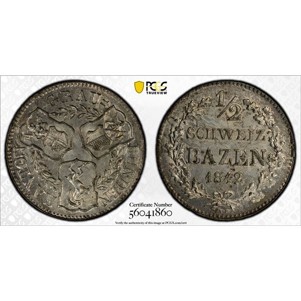 SWITZERLAND: GRAUBUNDEN (GRISONS): Canton, BI 1/2 batzen, 1842, PCGS MS65