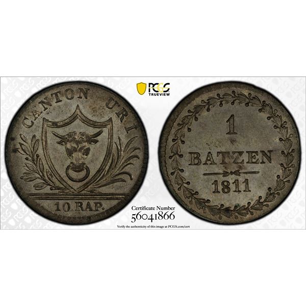 SWITZERLAND: URI: Canton, BI batzen, 1811, PCGS MS63