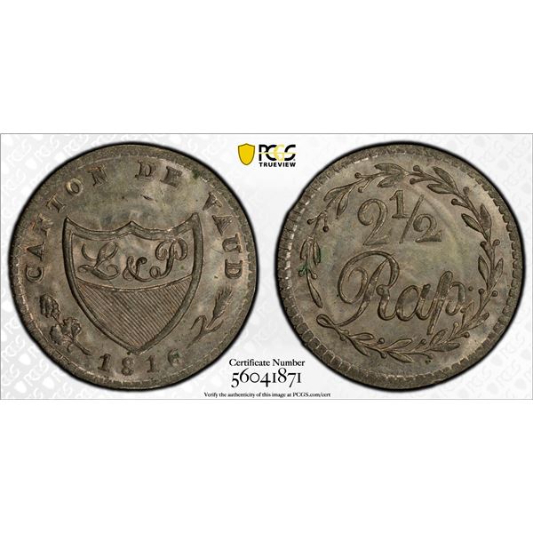 SWITZERLAND: VAUD: Canton, BI 2½ rappen, 1816, PCGS MS65