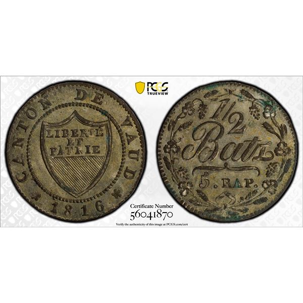 SWITZERLAND: VAUD: Canton, BI 1/2 batzen, 1816, PCGS MS64