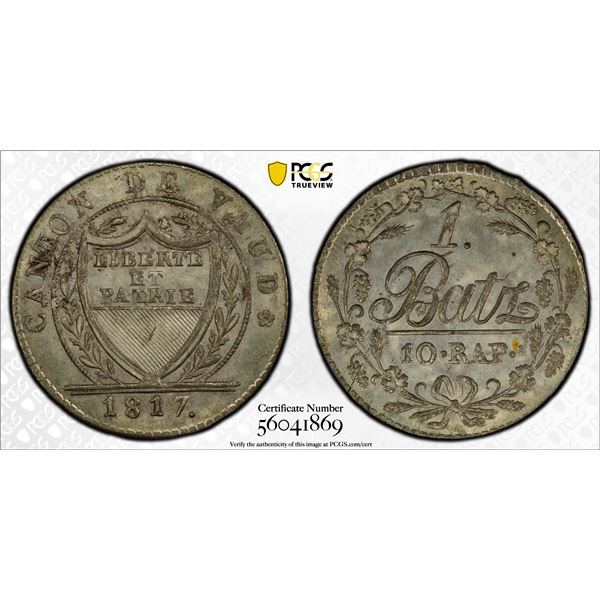 SWITZERLAND: VAUD: Canton, BI batzen, 1817, PCGS MS65