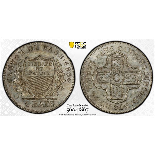 SWITZERLAND: VAUD: Canton, BI batzen, 1834, PCGS MS66