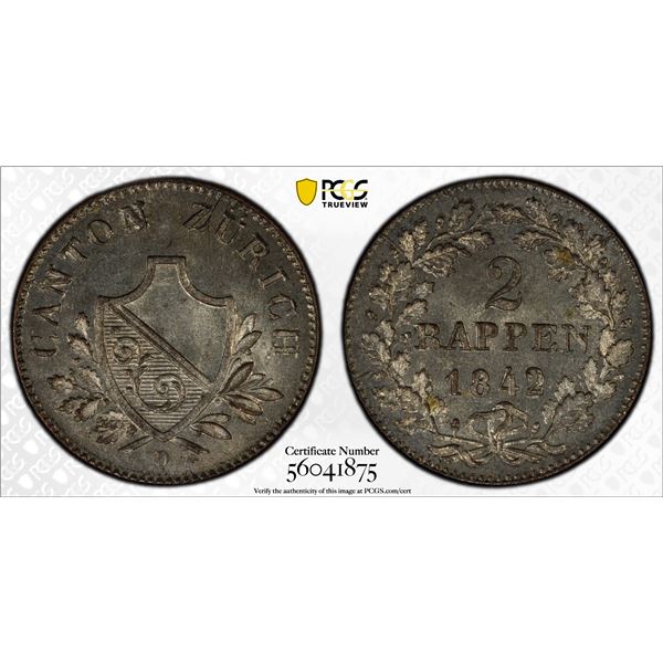 SWITZERLAND: ZÜRICH: Canton, BI 2 rappen, 1842, PCGS MS66